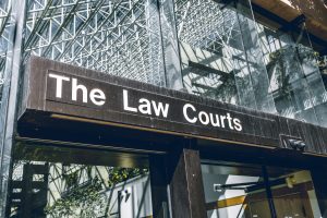 View of entrance and sign of The Law Courts in Downtown Vancouver